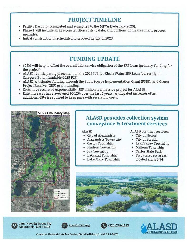 A project update flyer from ALASD details the WRF Project timeline, funding update, and ALASD's services. It includes a color map labeled "ALASD Boundary Map," contact info, and service icons at the bottom.