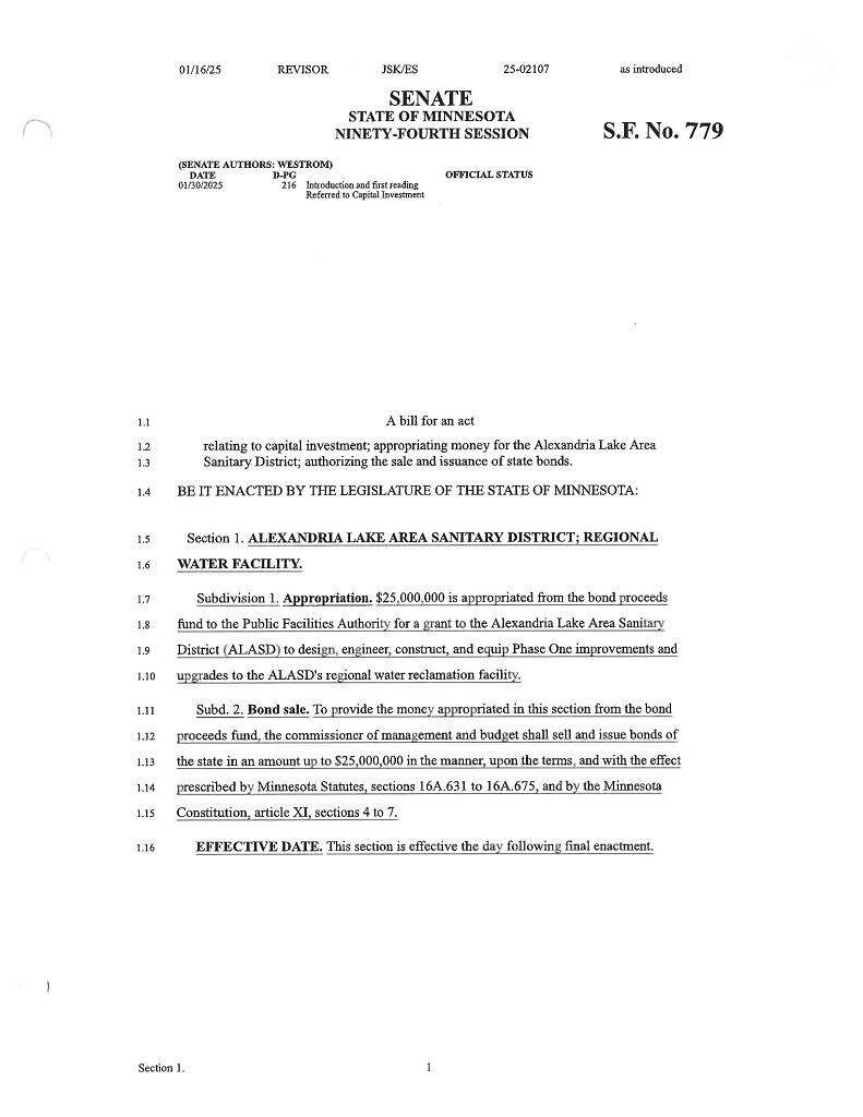 A legislative document from the Minnesota State Senate detailing S.F. No. 779, which proposes to appropriate $25 million for the Alexandria Lake Area Sanitary District's Water Reclamation Facility project, including funding and WRF Project update information.