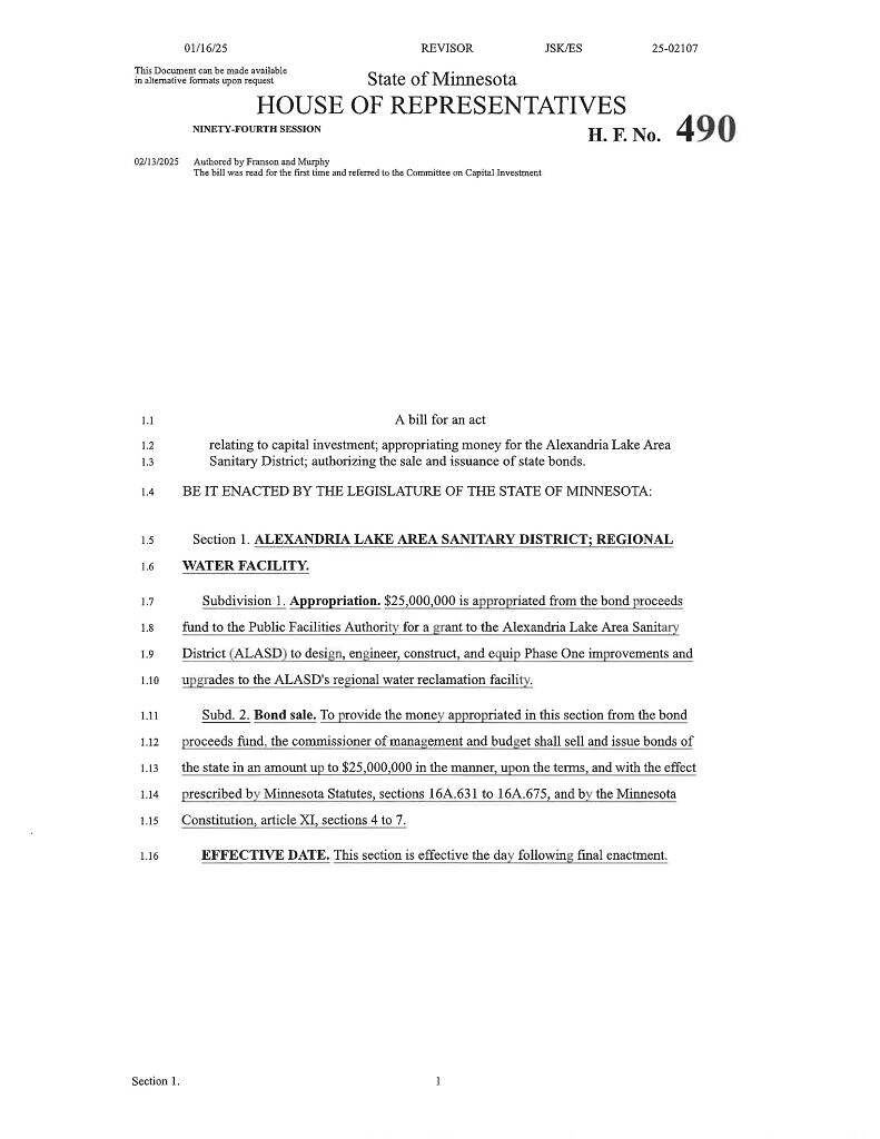 Official Minnesota House of Representatives document for House File No. 490, proposing a $25,000 appropriation for the Alexandria Lake Area Water Reclamation Facility (WRF Project). Text details funding and effective date.