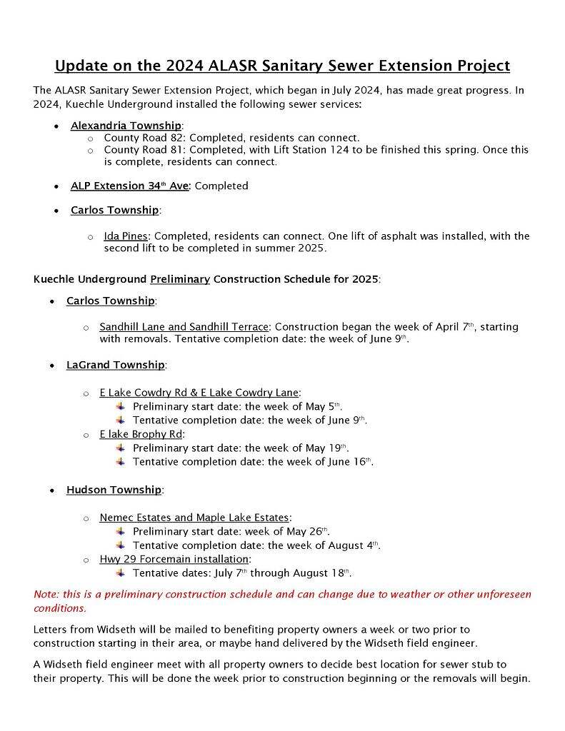 A project update document outlining the 2024 ALASR Sewer Extension Project, detailing completed and upcoming sewer line services and construction schedules for various townships in Minnesota.
