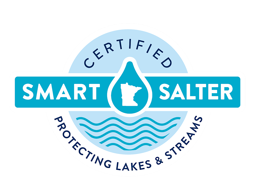 A circular logo with a water droplet containing a Minnesota outline, labeled "Certified Smart Salter" and "Protecting Lakes & Streams," with blue waves below, highlights water softener awareness for better water treatment.