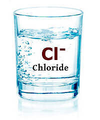 A clear glass of water with bubbles inside, labeled with the chemical symbol 