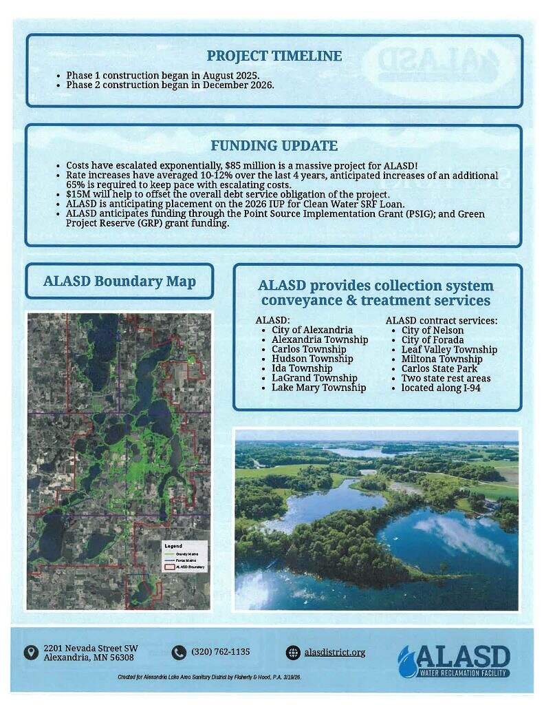 Informational flyer featuring a project timeline, funding update, ALASD boundary map, list of served cities and townships, and contact details. Includes text and a shaded map highlighting affected areas. Blue, white, and grey color scheme.
